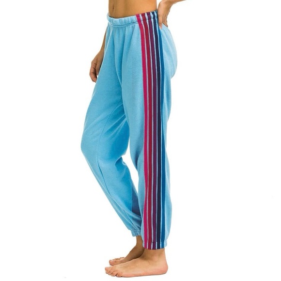 Aviator Nation Pants - Aviator Nation 5 Stripe Sweatpants Joggers Bottoms Comfortable Soft Knit Blue